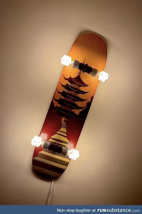 I made a unique lamp from a skateboard deck spray painted by a friend