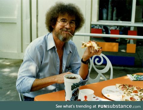 May this photo of Bob Ross eating pizza brighten your day