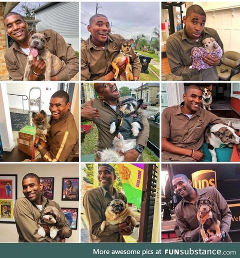 UPS Worker takes pictures with all the doggos on his route