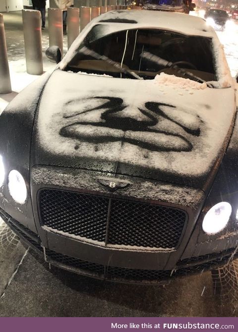 When it snows, this car has a face on its hood
