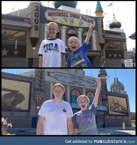 My kids retaking a picture at the Corn Palace in Mitchell, SD 11 years apart