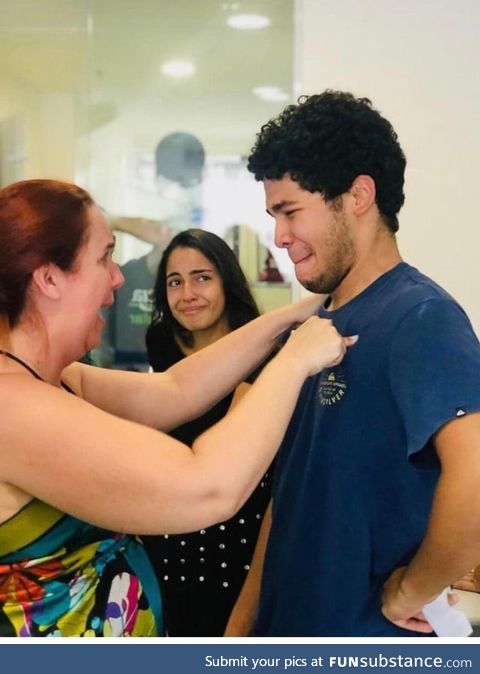 Gabriel Nobre, 19, with his mom and sister right after he found out he’d passed