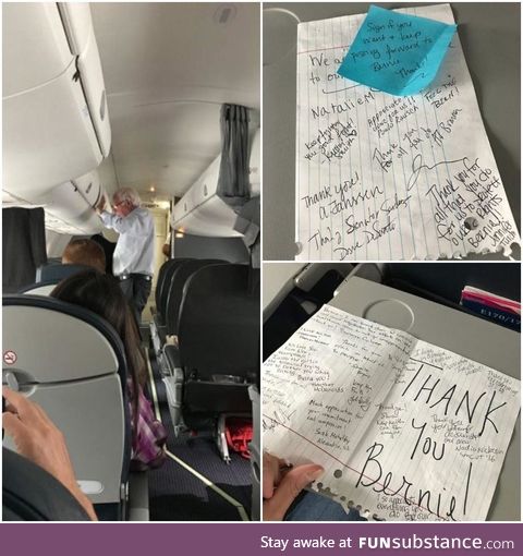 Bernie Sanders flying coach when he recieved a note from the other passengers