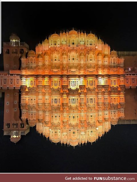 Hawa Mahal in India. Designed in image of hindu god Krishna's crown. The windows are