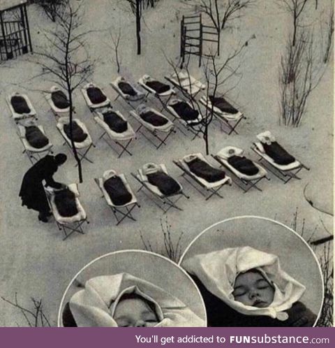 Babies put to sleep outside to keep their immune systems strong, 1958 Soviet Union