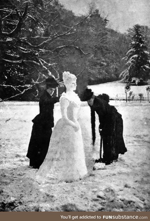 Two British Victorian women make a Victorian snow lady in 1892