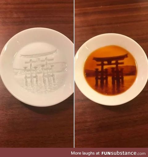 Itsukushima Shinto Shrine appears on the dish when sauce is poured on it