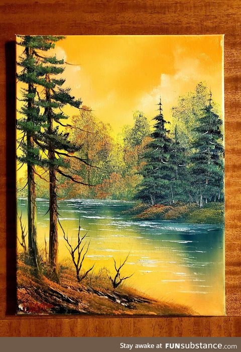 A happy picture of a happy little painting in Bob Ross style