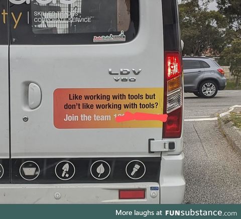 The sign on the back of this work van