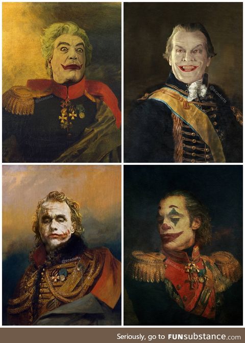 I like to photoshop people into old paintings. Here are my Joker ones