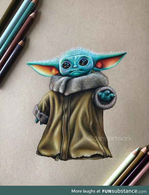 I finished my coloured pencil drawing of Baby Yoda!