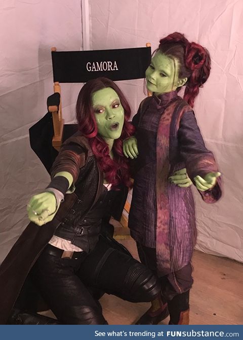 Gamora and Gamora on the set of Avengers: Infinity War