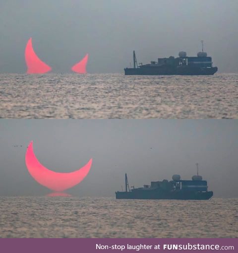 “Devils Horns” sunrise captured in Qatar, during a partial eclipse during sunrise ????