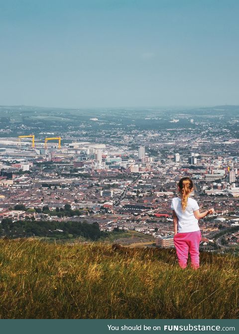 My 3yo daughter climbed near 9kms with me today to have this view over Belfast. Proud dad