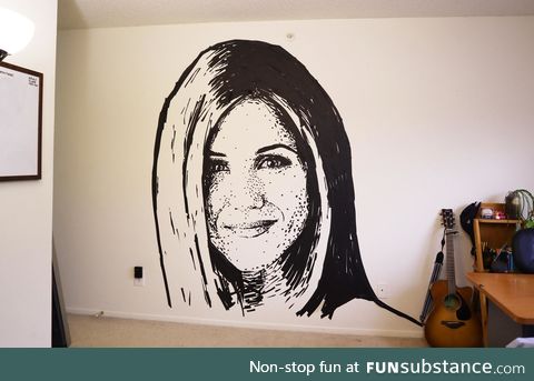 I made Jennifer Aniston out of painter's tape on my bedroom wall