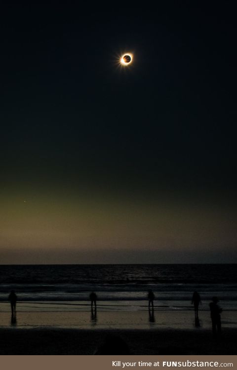 The solar eclipse seen over the beach in La Serena, Chile. July 2 2019