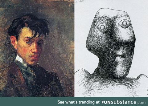 The first and last self-portrait of Pablo Picasso, circas 1896 and 1972