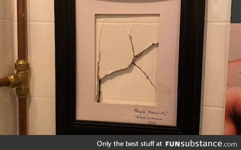 A bar's bathroom has a framed a punch in the wall, titled "fragile masculinity"