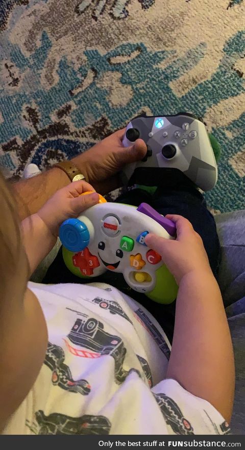 Sat down to play some Xbox and my son brought over his controller & sat in my lap. ????