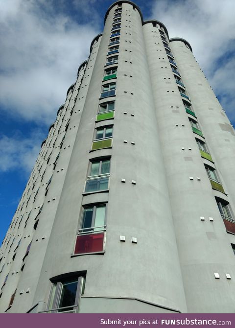 A former grain silo in Oslo, now converted to student housing
