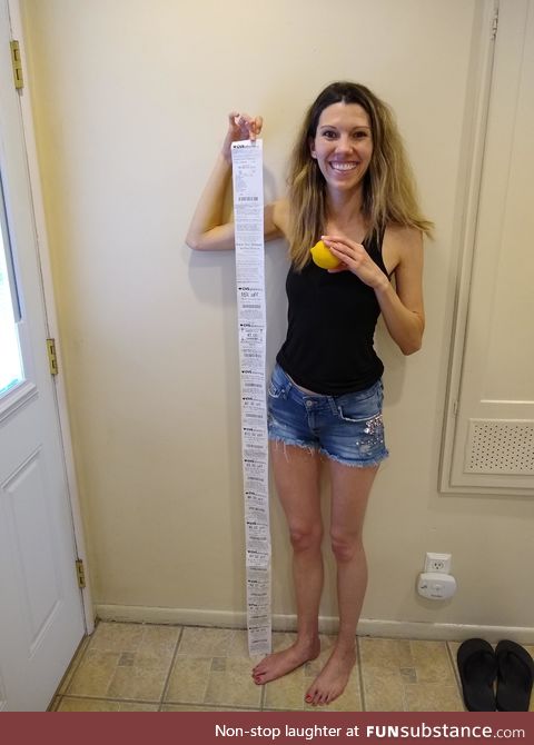 Wife received a 5'3" receipt from CVS for a single item purchase (lemon for scale)