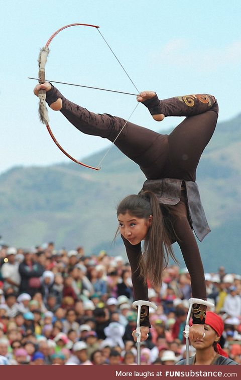 Acrobatic archer taking aim at the 2018 World Nomad Games in Kyrgyzstan