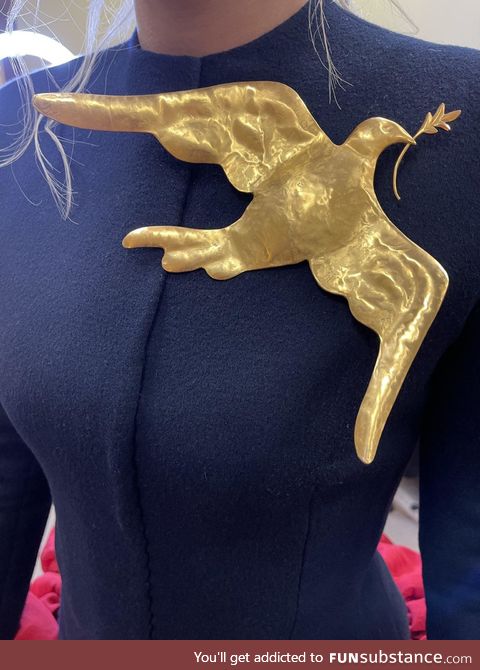 Lady Gaga’s brooch of a dove with an olive branch for her performance today