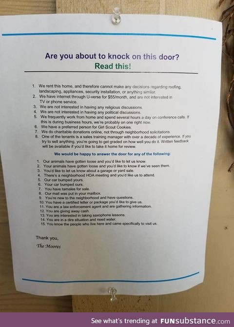 My wife's rules for people who want to ring our doorbell