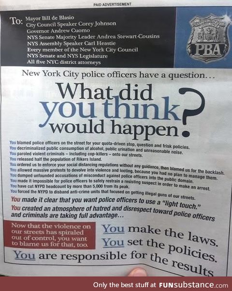 NYC Police officers' message in the newspaper