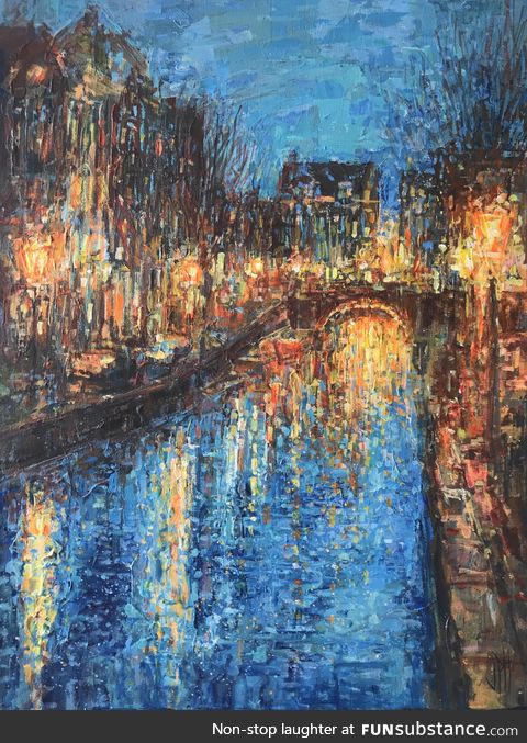 Painting I did of an Amsterdam canal; Tried to capture the reflections and swirls of the