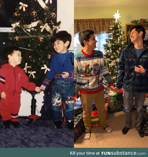 Two siblings taking Xmas pics, 22 years apart