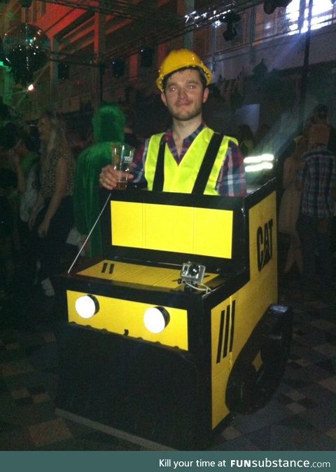 He dressed up as a bulldozer for a jungle themed party
