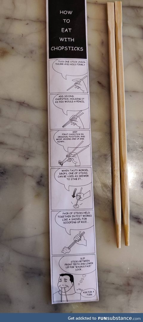 Local asian restaurant has instructions on how to use chopsticks, including what to do if
