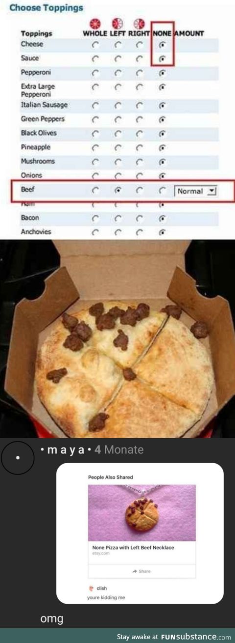 None pizza with left beef