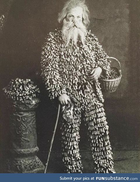Beware the peanut vendor wearing his suit of peanuts, circa 1895