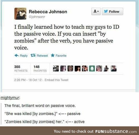 Learning to tell whether it's a passive voice or not by zombies