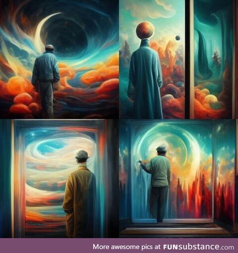 Using Midjourney AI image generator: “A painter painting a parallel universe as he