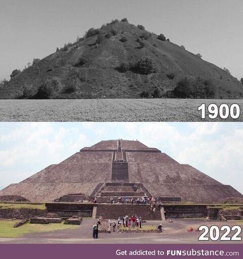 Teotihuacan Pyramid in Mexico City in 1900 and in 2022. The 1900 view looked like a