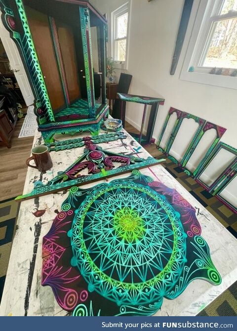 Working on handpainting and restoring an antique cabinet with some psychedelic flair