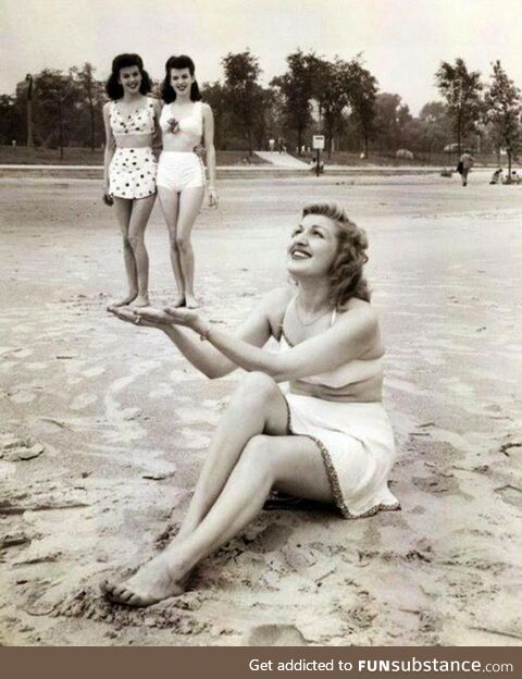 A woman on the beach discovers a race of tiny people, 1943