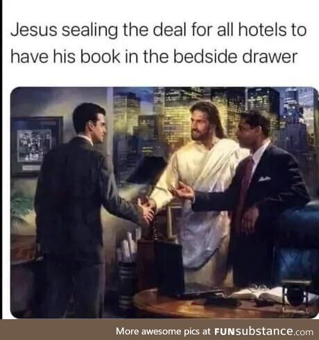Jesus seals the deal 1950 to have the Bible in hotels