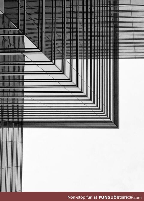 Looking up at a skyscraper and it’s reflection