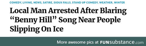 Man gets arrested for blasting benny hill song while people slip on ice at a wally world