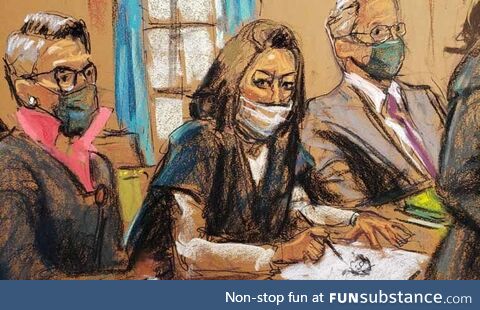The sketch artist’s drawing of Ghislaine angrily drawing the courtroom sketch artist