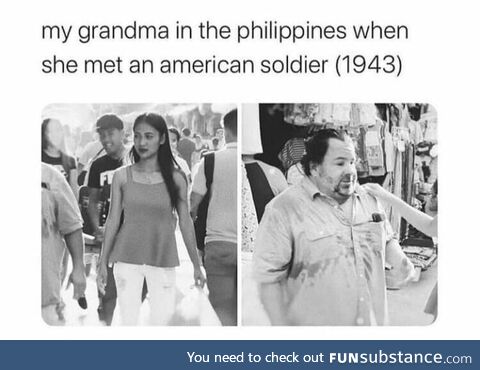 A Philippine woman meeting a American soldier in the pacific, 1943