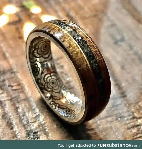 My favorite of them all. Whiskey barrel wood, meteorite inlay and engraved silver band