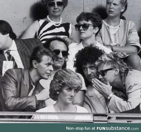David Bowie, Brian May and Roger Taylor sitting behind Princess Diana at the live AID