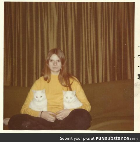 My Mom in 1971 with her two cats, Gogo and Coryelle