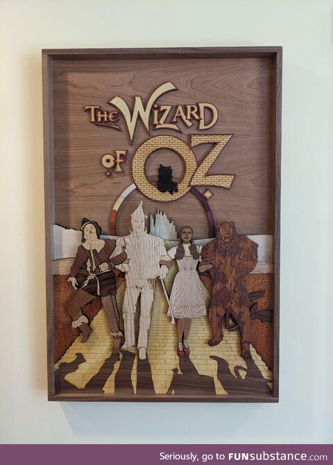 [OC] I built the Wizard of Oz movie poster out of naturally colored hardwoods