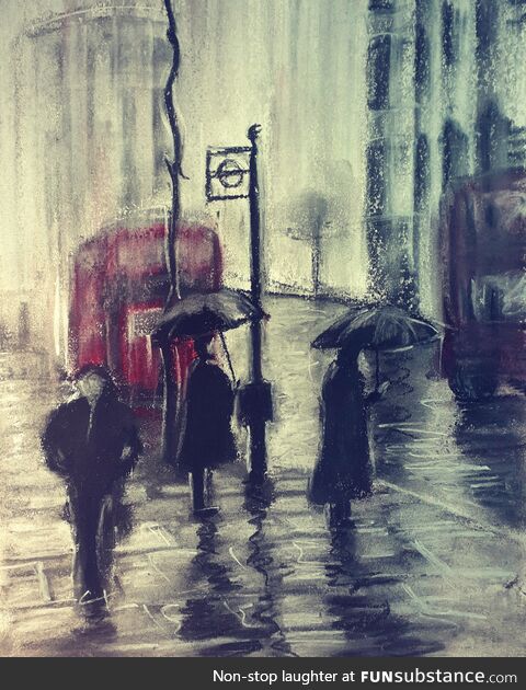 Bus stop, charcoal and pastel art by me, 2022